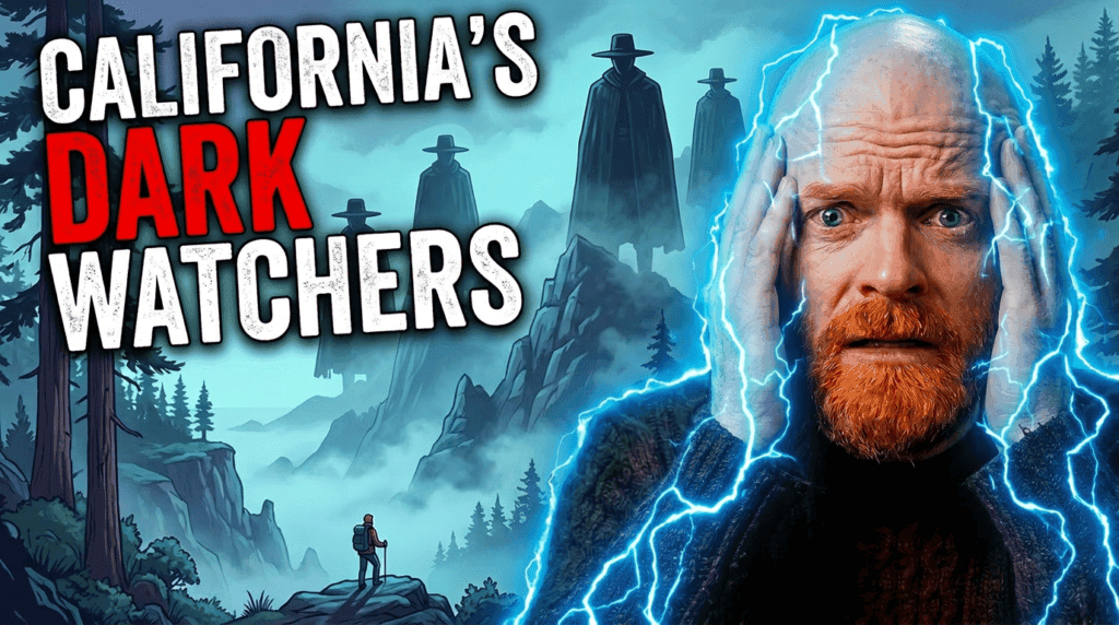 Misty California's Dark Watchers stand on a mountain ridge as a frightened hiker looks on, echoing the Santa Lucia Mountains legend.