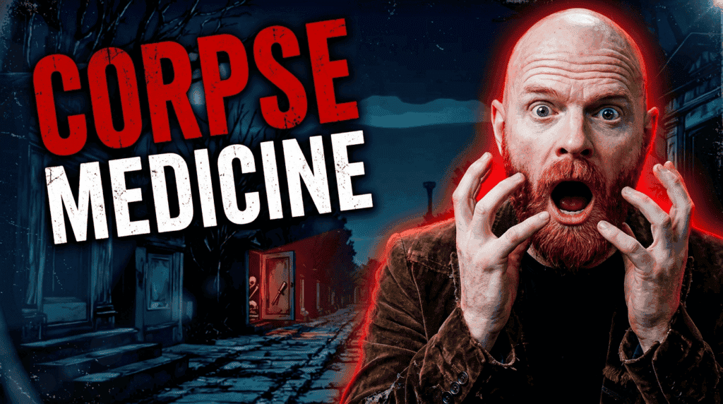 A shocked bald man with a red beard reacts beside the words CORPSE MEDICINE in a dark, eerie night setting with a red glow.