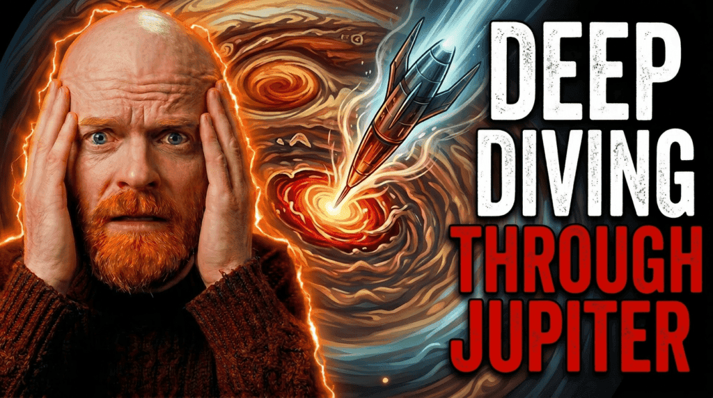 A worried bald man grips his face beside a spacecraft plunging toward Jupiter, while the title Deep Diving Through Jupiter fills the right side.