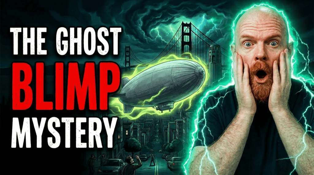 A dramatic Ghost Blimp Mystery graphic shows a blimp over San Francisco beneath storm clouds, with a shocked man framed by bright lightning.