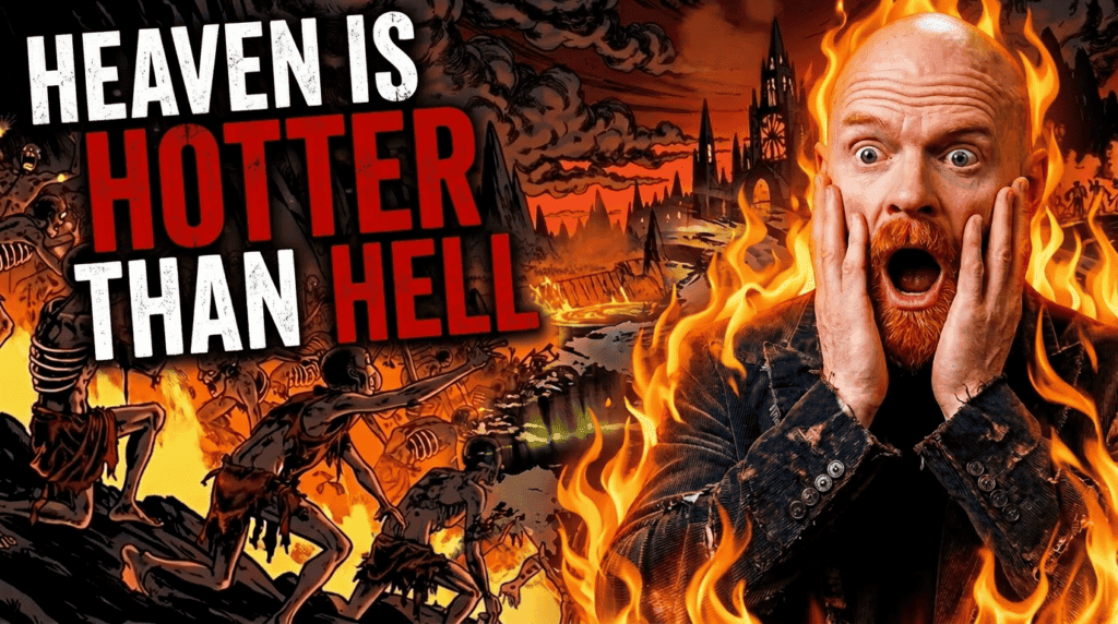 A shocked bald man stands amid flames beside the bold text "Heaven Is Hotter Than Hell," with a fiery backdrop and tormented figures.