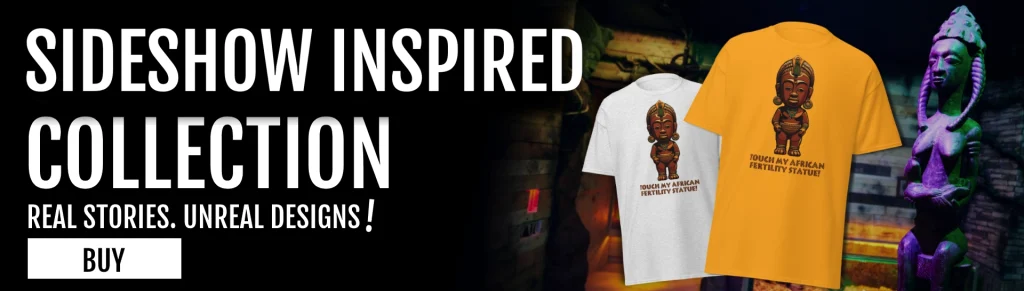 Bold “SIDESHOW INSPIRED COLLECTION” banner with “REAL STORIES. UNREAL DESIGNS!” text, showing orange and white T-shirts and a purple figure statue.