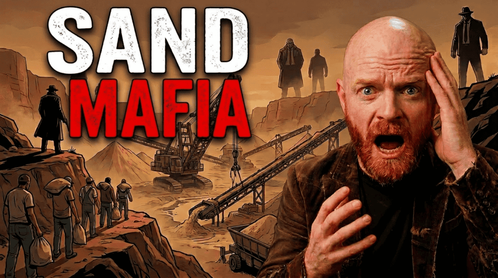 A shocked bald man stands before a desert mining operation, while Sand Mafia figures and heavy machinery strip sand from the landscape.
