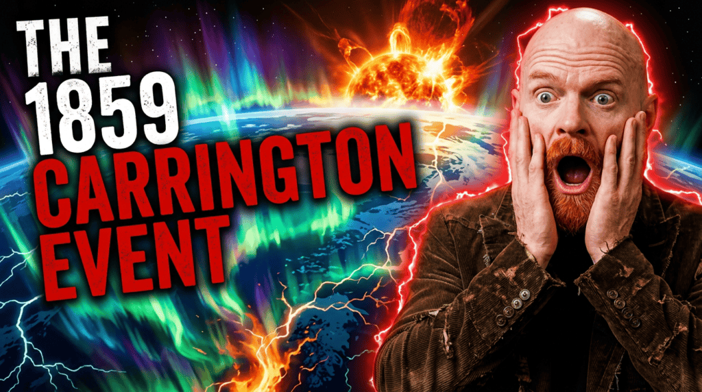 Bold text about the 1859 Carrington Event appears beside a stunned man, while auroras, lightning and a solar flare streak across Earth.