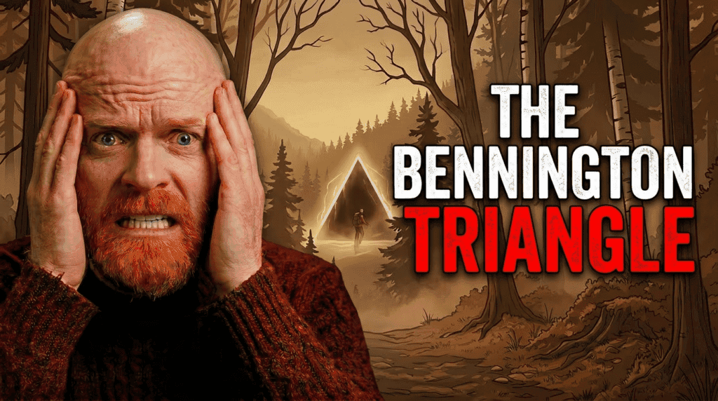 A worried bald man with a red beard grips his head as The Bennington Triangle appears over a misty Vermont forest.
