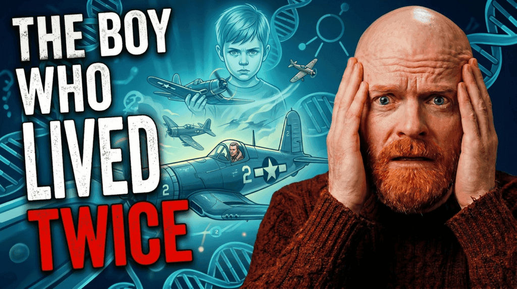 A worried man is shown beside a boy and wartime aircraft artwork tied to James Leininger, the boy who lived twice, and the USS Natoma Bay story.