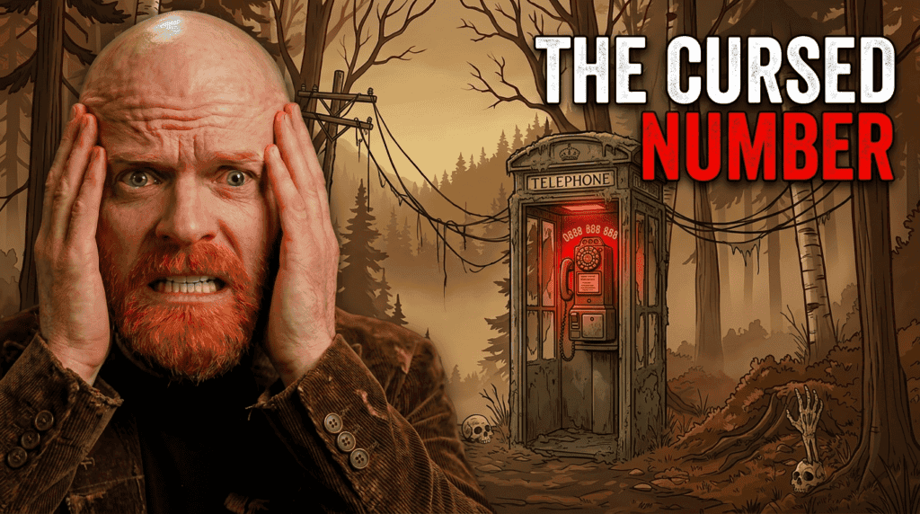 A worried bald man clutches his head beside a red-lit telephone booth marked 0888 888 888 in the eerie THE CURSED NUMBER story in a dark forest.