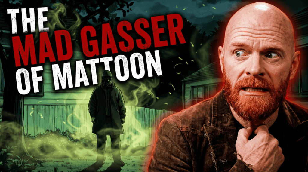 A tense red-bearded man reacts beside the eerie Mad Gasser of Mattoon mystery, with green gas, a shadowy prowler and Mattoon, Illinois text.