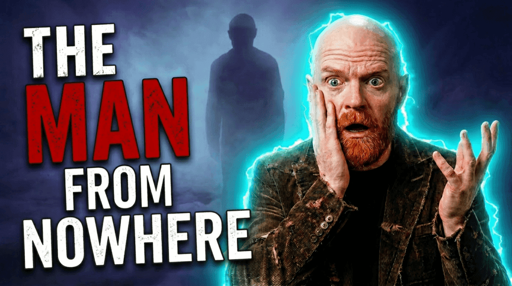 A shocked bald man with a ginger beard stands beside the title The Man From Nowhere, while a shadowy traveller looms in the background.