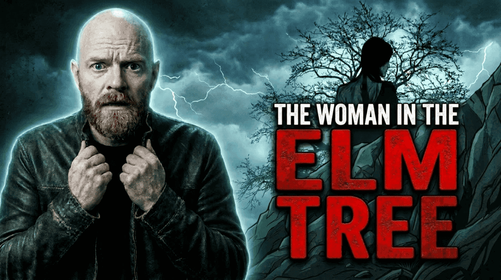 A bald, bearded man stands before a stormy elm tree while the title THE WOMAN IN THE ELM TREE appears in bold red letters.