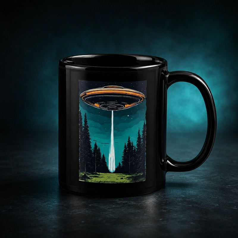 A glossy black Beam Me Up Coffee mug shows a UFO beaming light over a forest, echoing the playful Star Trek pun from Bizarre But True.