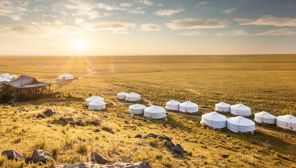 White yurts at The Three Camel Lodge in Mongolia sit on golden grass under a warm sunset sky, creating an isolated remote camp landscape.