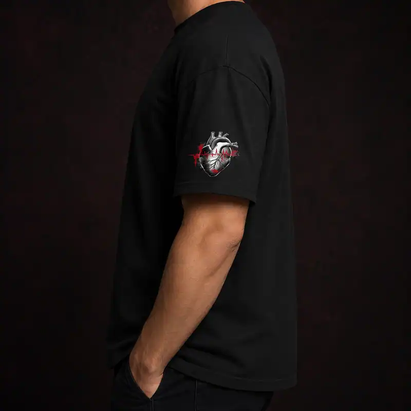 A black T-shirt features an anatomical heart graphic on the sleeve with red accents and white detailing, set against a dark background.
