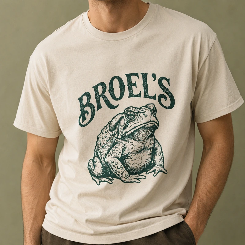 A cream Broel's T-shirt shows a bold green frog graphic and arched lettering, echoing the Sea Myth clothing style with a folkloric feel.