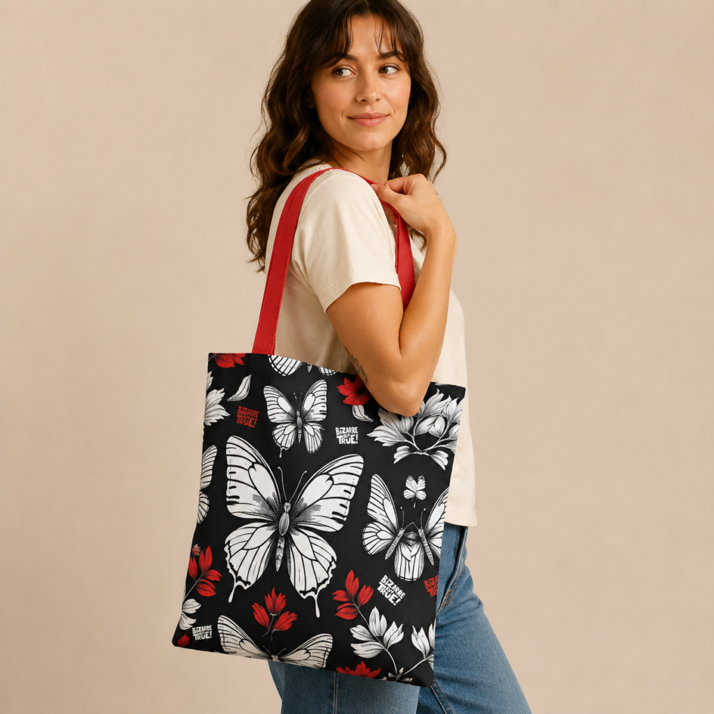 A woman carries a BIZARRE BUT TRUE! butterflies tote bag with bold black-and-white butterfly print, red handles, and hidden logos.