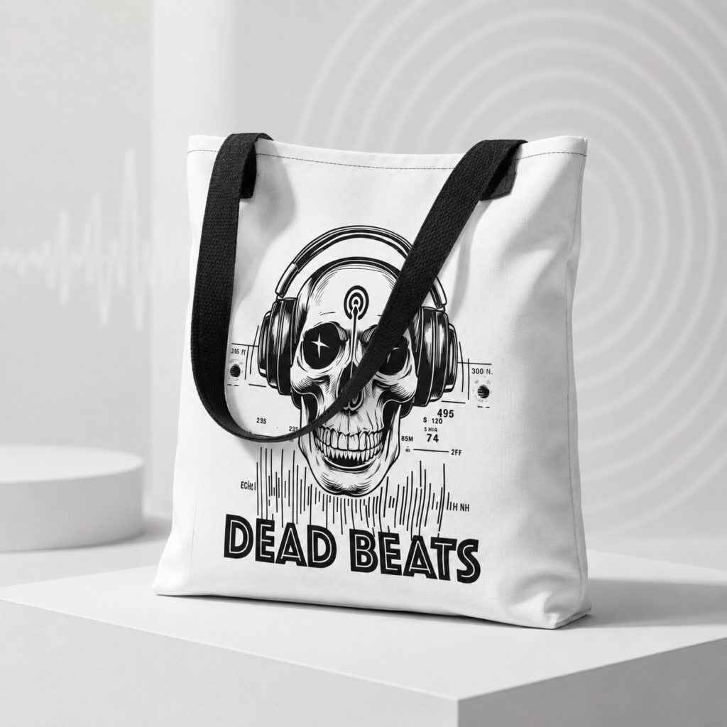 White Dead Beats tote bag with black straps and a skull wearing headphones, inspired by Keith Richards and the Bizarre But True story.