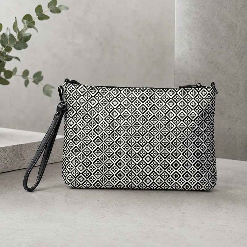 Black and white Titanic Tile Print crossbody pouch with a geometric diamond pattern and wrist strap, styled against a minimal gray background.