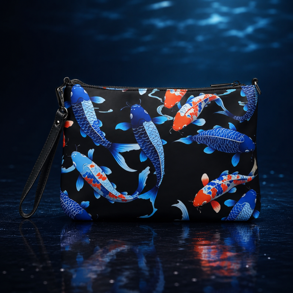 A black faux leather Koi Legends crossbody handbag shows vivid blue and red koi fish, with a removable wrist strap and zip-top closure against a dark backdrop.