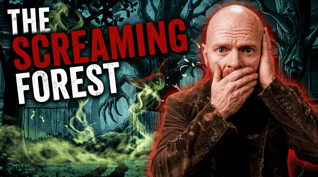 A terrified bald man covers his mouth in a haunted forest illustration with THE SCREAMING FOREST text, set in Transylvania, Romania.