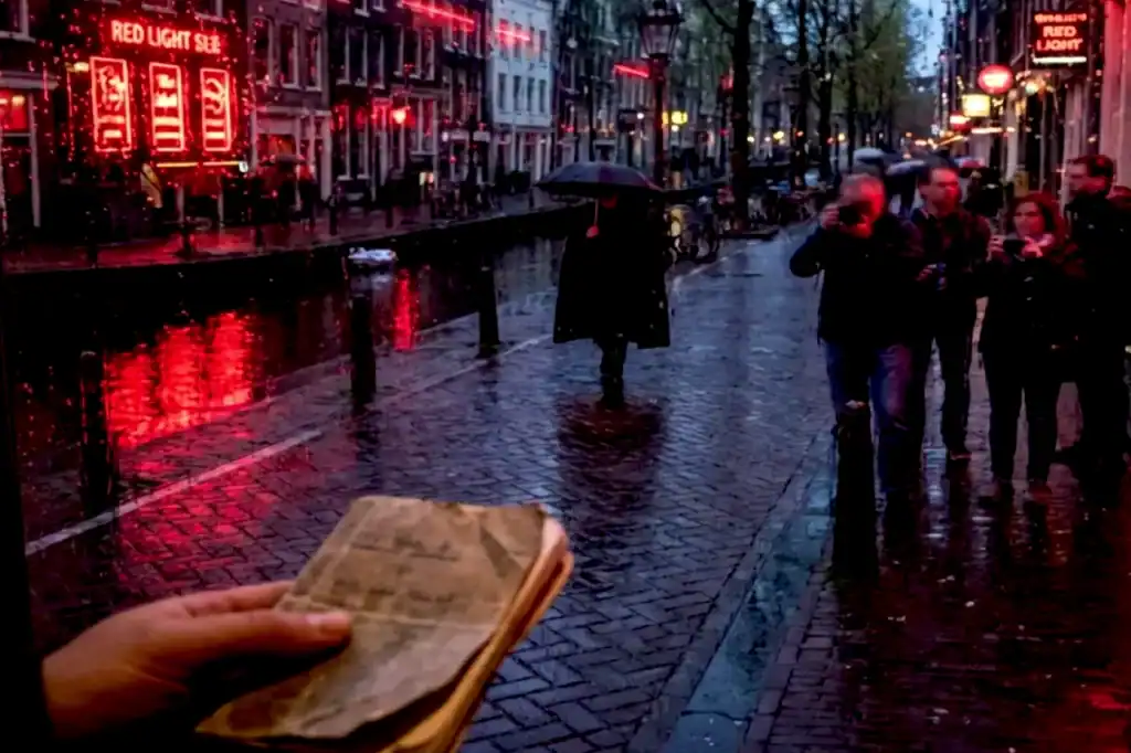 Neon red windows glow along Amsterdam’s Red Light District on a rainy canal street, with pedestrians walking past in the evening haze and reflections.