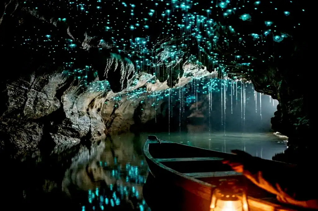 Inside the Waitomo Glowworm Caves in New Zealand, countless Arachnocampa luminosa glow blue-green above the dark water