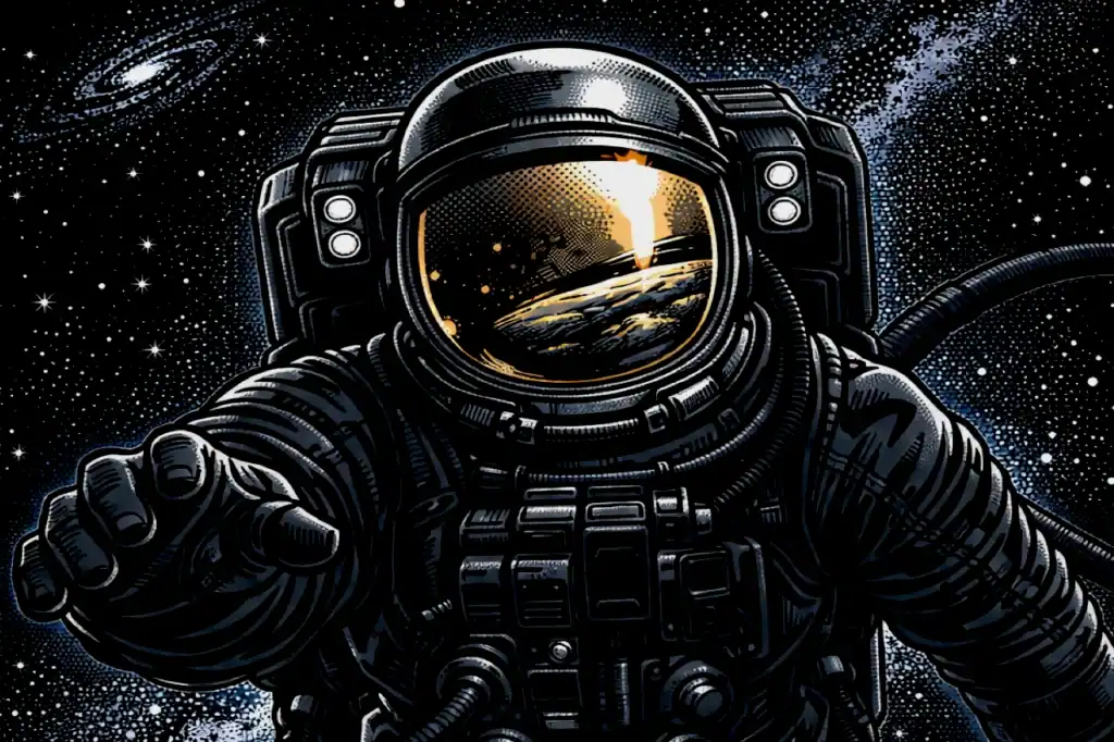 An astronaut in a jet-black spacesuit against cosmic stars, echoing radiation-blocking melanin research inspired by Chernobyl and Mars studies.