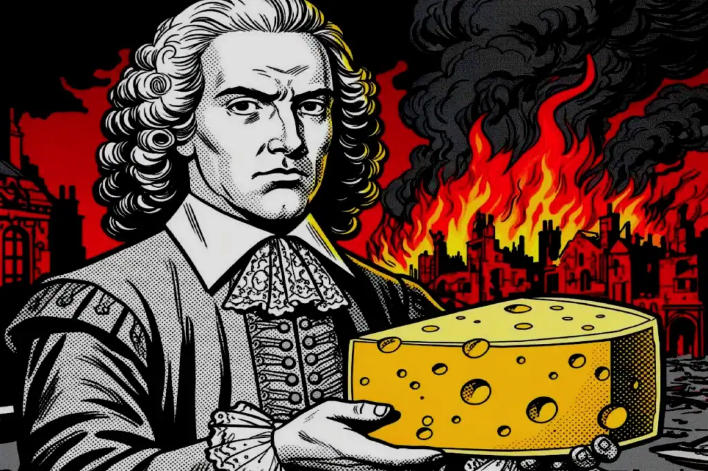 Samuel Pepys holds a yellow wheel of Parmesan as fiery red flames and smoke rise behind him, evoking the Great Fire of London.