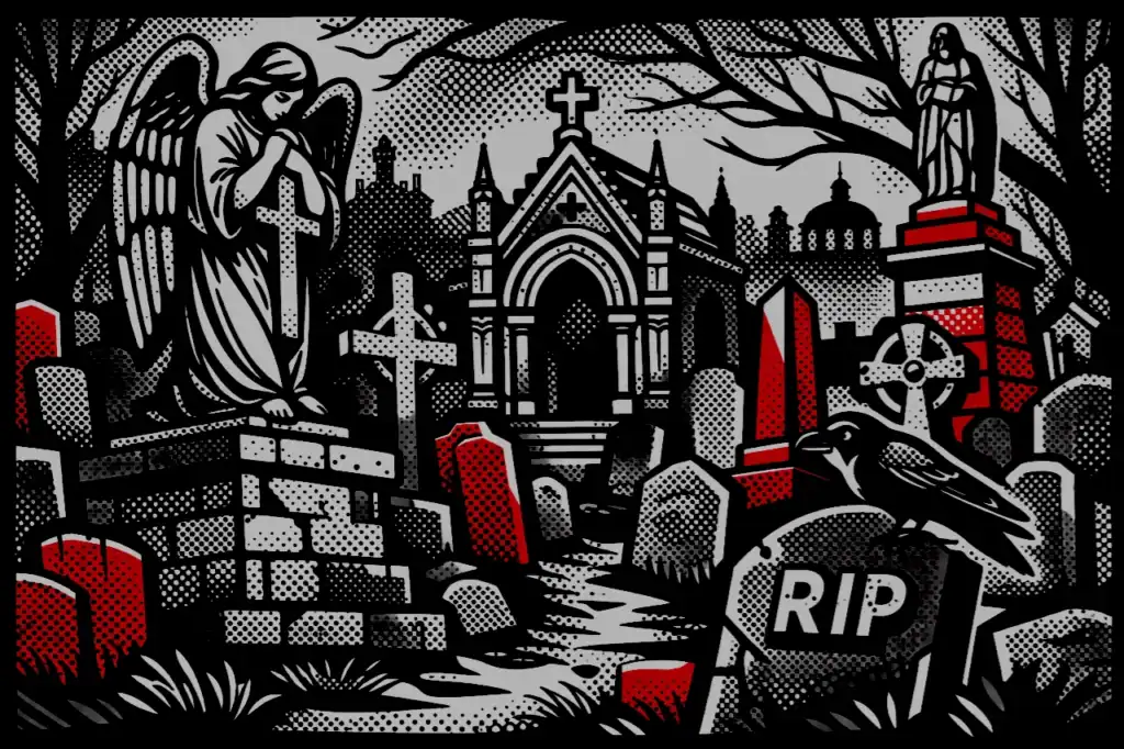 Macabre Highgate Cemetery graves illustration with a “RIP” marker, iron gate tombs, and bold red accents against black-and-white tones.