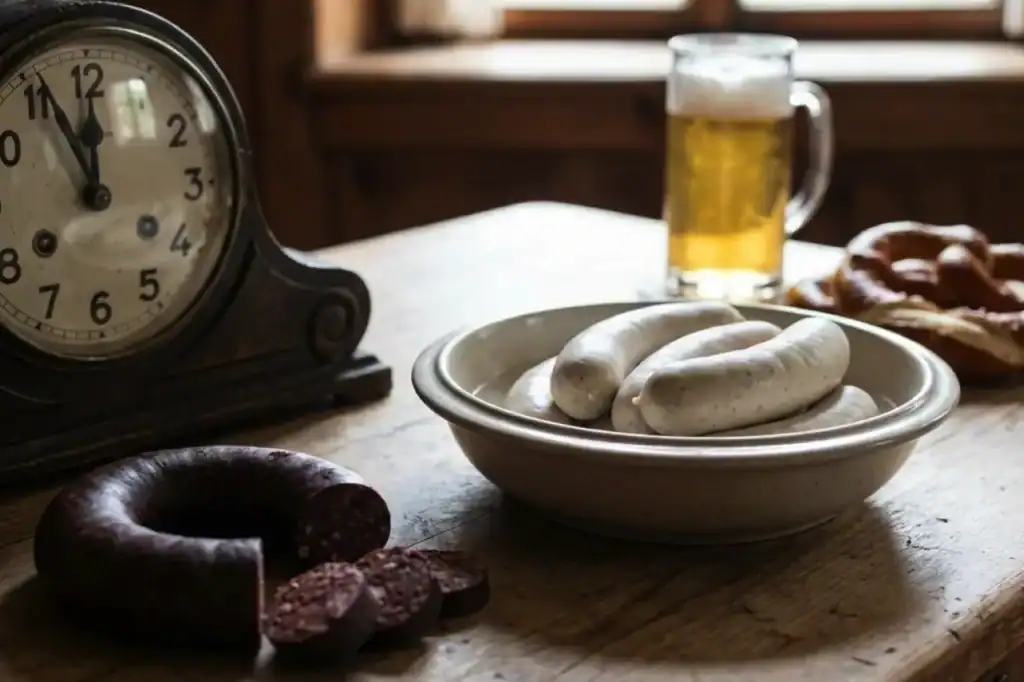 Pale weisswurst in a bowl, dark blood sausage beside it, and a clock near noon as Germany’s Dead Grandma sausage lore unfolds.