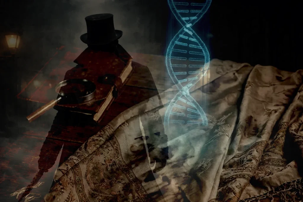 A blue DNA helix overlays Victorian fabric and vintage evidence props, referencing Jack the Ripper and Whitechapel DNA analysis and DNA evidence claims.