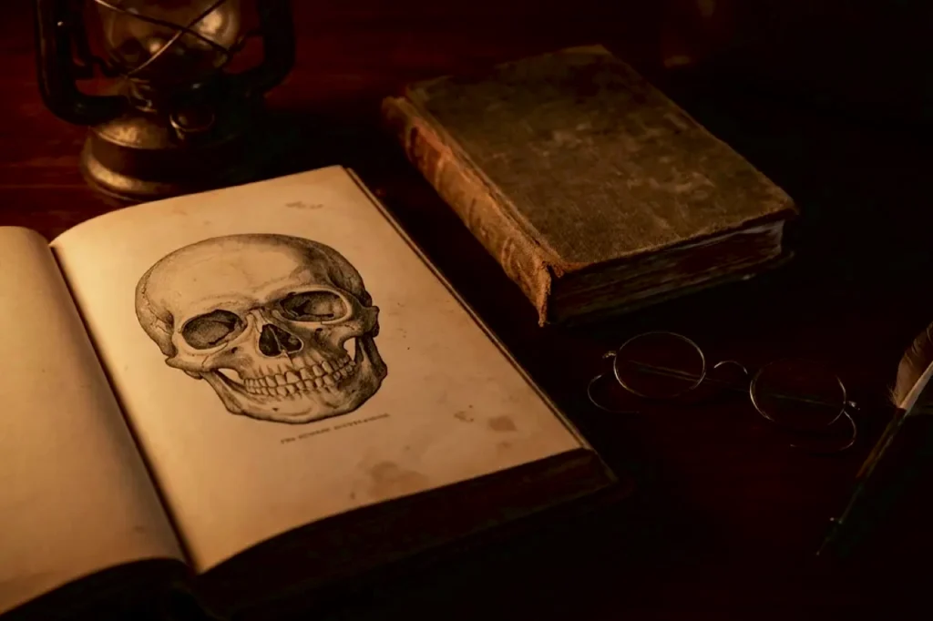 Sepia-toned anatomy book showing a skull illustration beside medical instruments, echoing Edinburgh’s Body-Snatchers secret of Burke and Hare.