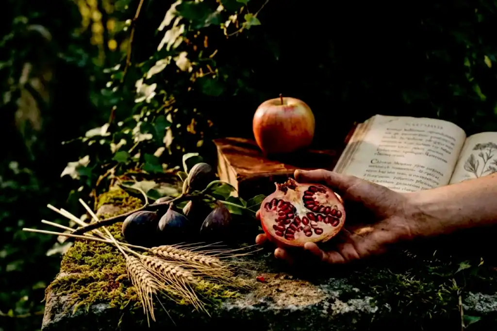 A red apple, pomegranate half, and an open book rest among plants and hay, echoing the forbidden fruit story from Genesis and Adam & Eve.
