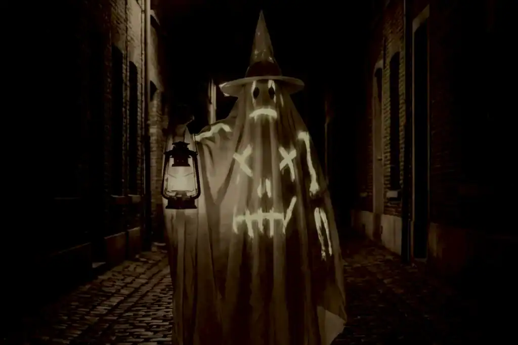 Glowing phosphorescent paint turns a ghostly Wizard Bombardier into a terrifying figure in white robes and a pointed hat, holding a lantern in a dark alley.