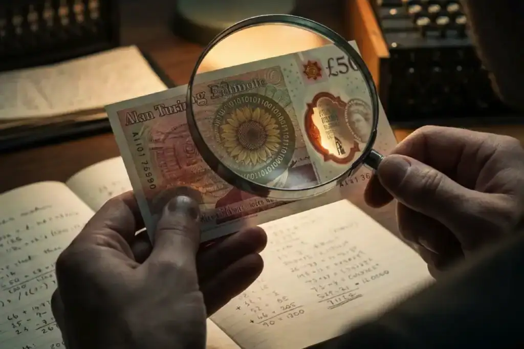 A hands hold a £50 note under a magnifying glass, revealing coded patterns and green spirals tied to Alan Turing and GCHQ.