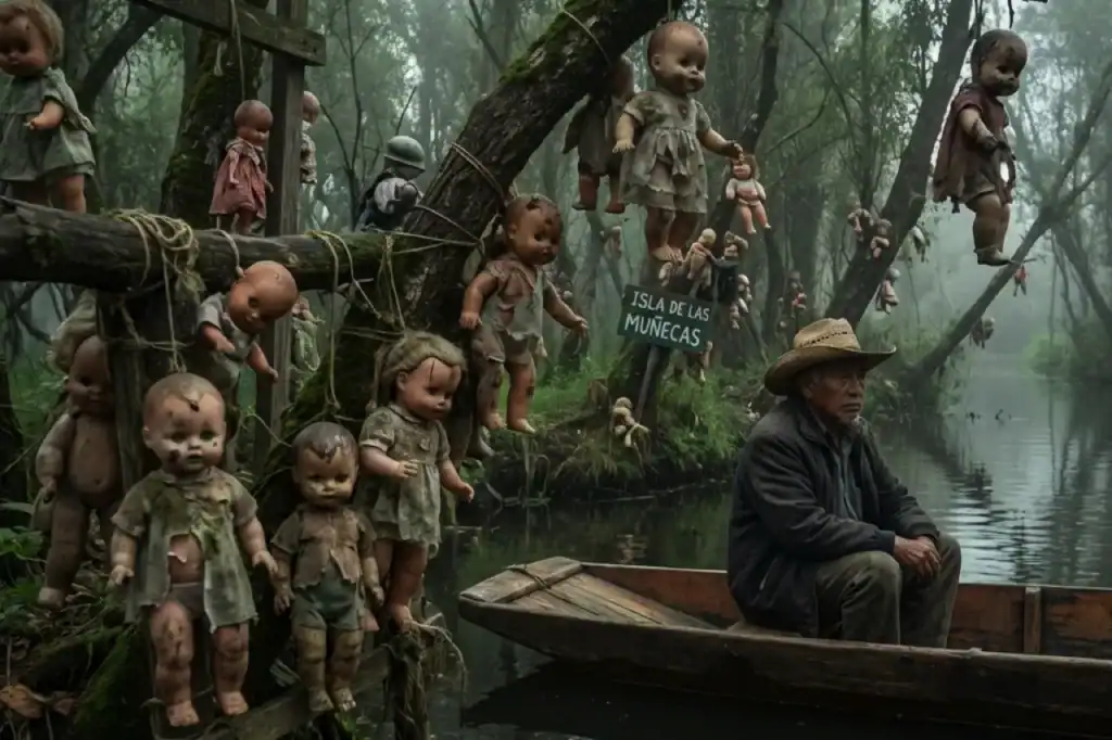 On Isla de las Muñecas, dozens of decaying rag dolls hang among trees beside Don Julián Santana Barrera in a canoe.