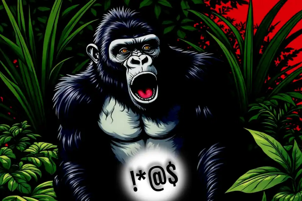A roaring gorilla with blue-black fur in a vivid tropical jungle scene, tying into why gorillas have shockingly tiny d*cks and the fight mindset.