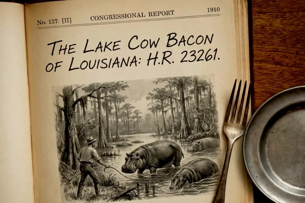 A sepia-toned congressional report page titled “The Lake Cow Bacon of Louisiana: H.R. 23261” shows hippos in bayou waters.
