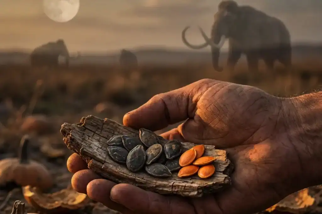 A mammoth hand holds a split log filled with orange pumpkin seeds, while mammoths stand in the background under warm, fading light.