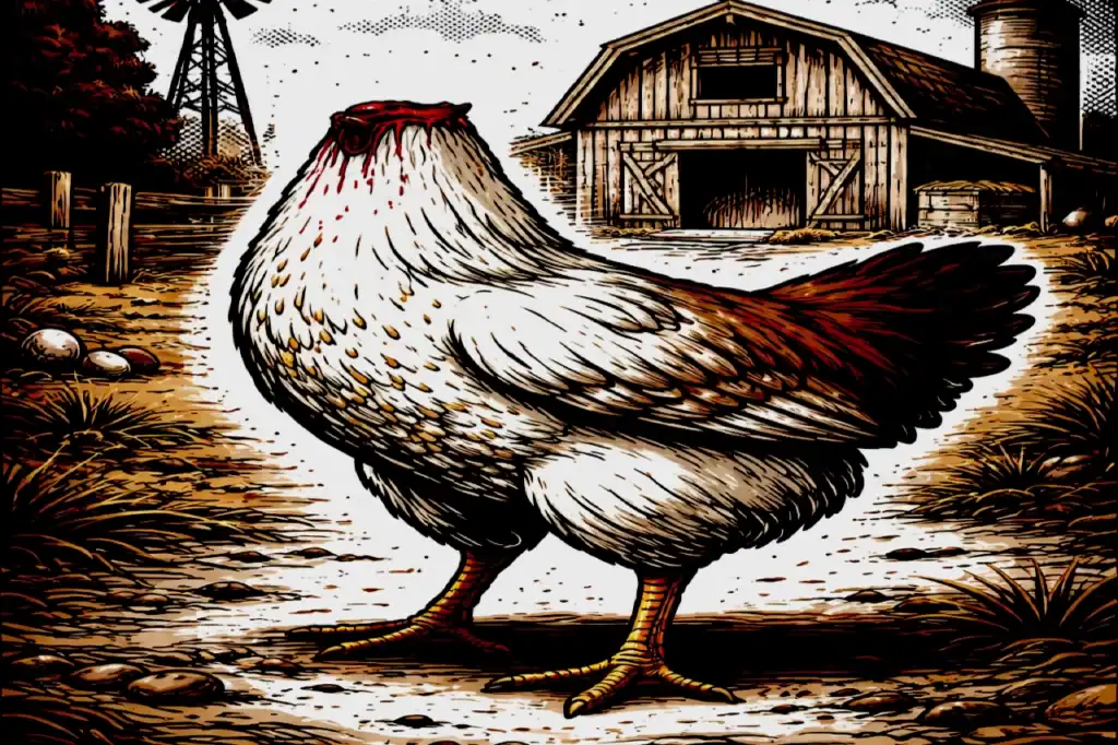 A white-and-brown chicken associated with Mike the Headless Chicken stands in a barnyard, evoking the botched beheading story.