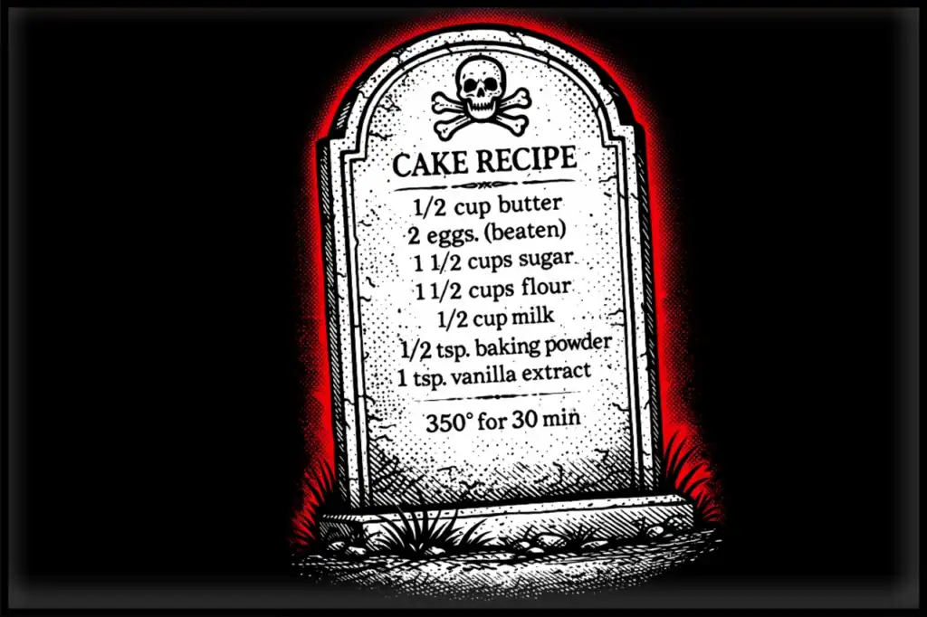 A gravestone-style recipe engraving reads “CAKE RECIPE” with ingredients like butter, eggs, sugar, flour, milk, and baking powder plus “350° for 30 min.”