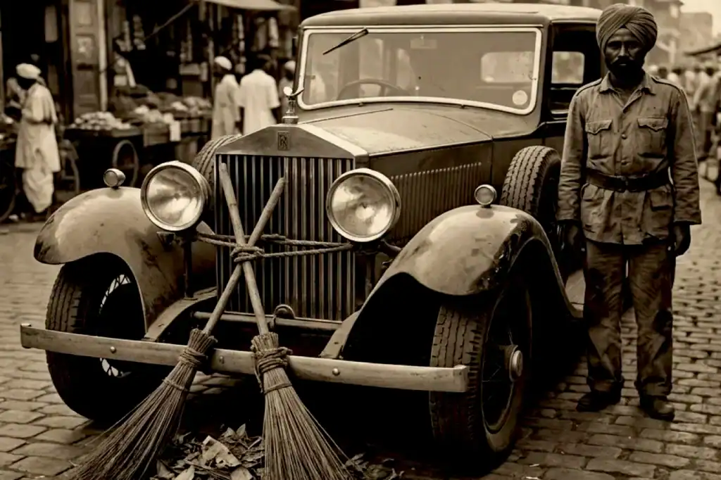 A vintage Rolls-Royce revenge myth scene shows a car fitted with sweeping brushes, beside an Indian prince in London streets, sepia tone