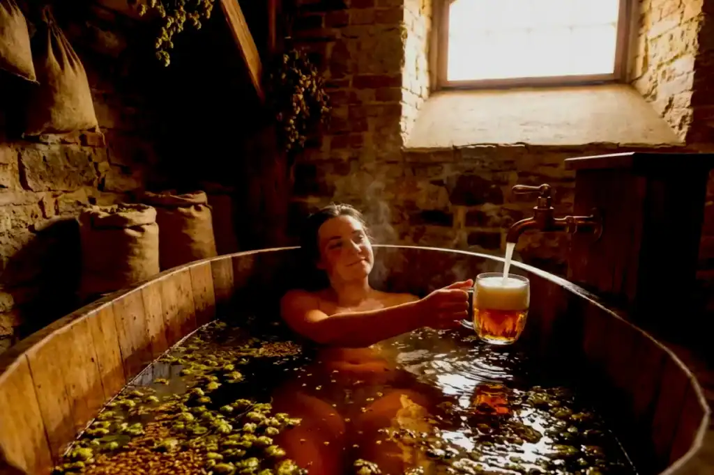 Soaking in a wooden tub in Prague at Bernard Beer Spa, with warm amber beer ingredients and an unlimited pint poured through a tap