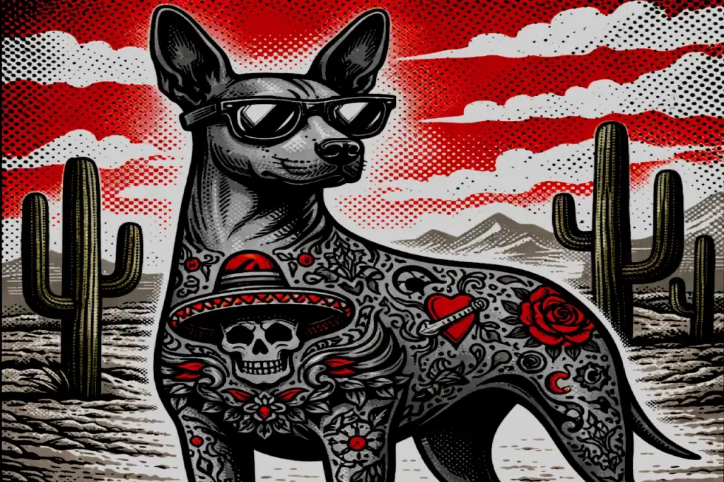 A tattooed Xoloitzcuintli dog in black sunglasses with bold full-back ink designs, set against a red desert scene with cactus silhouettes.