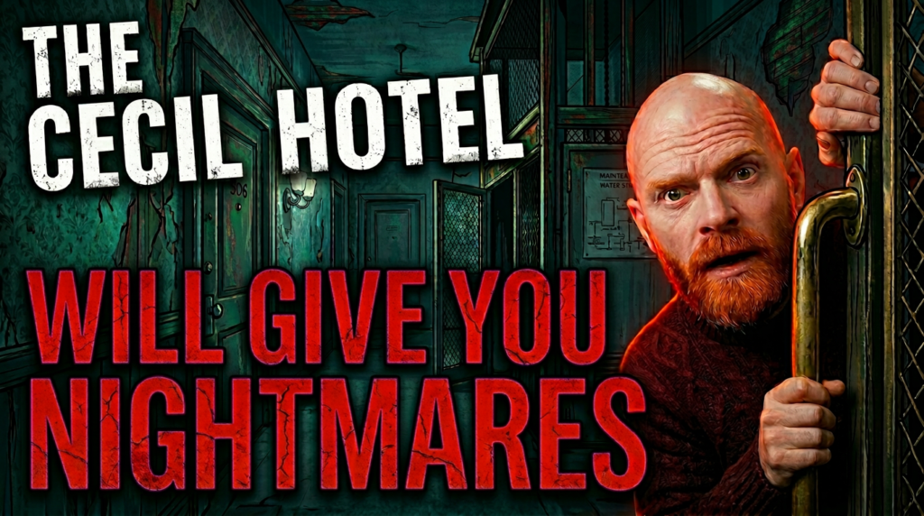 A frightened bald man grips a doorway in a grim Cecil Hotel corridor, while bold red text warns that the notorious Los Angeles hotel will give you nightmares.