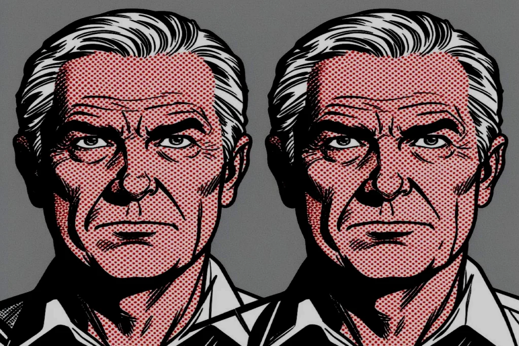 Two matching Jim Lewis and Jim Springer portraits in red halftone dot shading and dark suit lines against a gray background, eye contact.