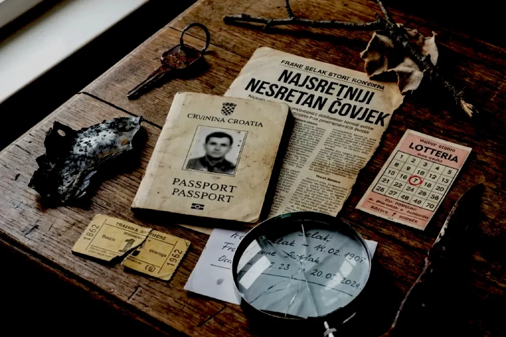 Croatian papers and a lottery ticket beside a magnifying glass, with headlines about Frane Selak’s near-death stories and surviving to win.
