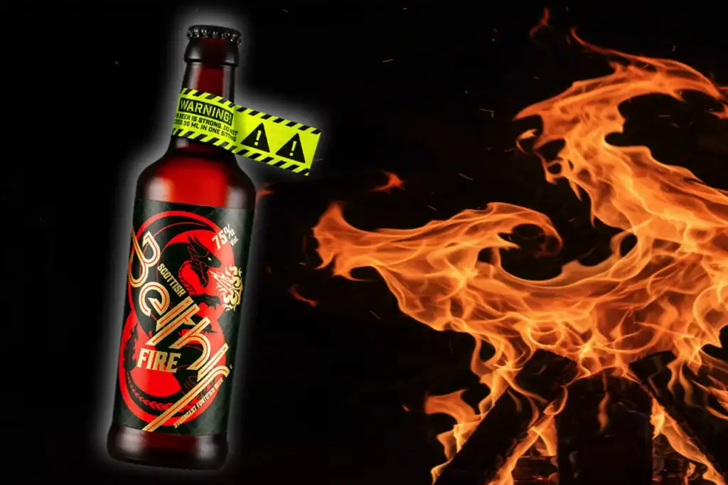 A dark bottle of Beithir Fire with a yellow WARNING label beside swirling orange flames, marking 75% ABV liquid that numbs on contact.
