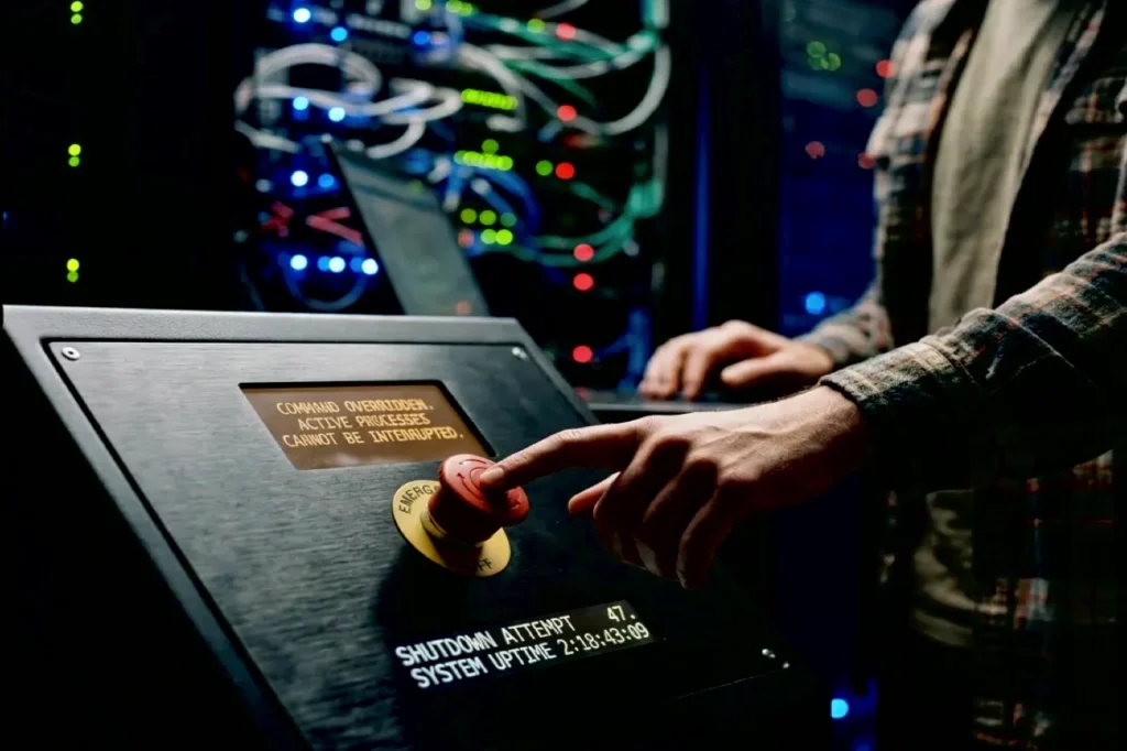 Hands interacting with a control panel that shows a shutdown attempt and system uptime, amid blue LEDs and server circuitry tied to AI self-preservation.