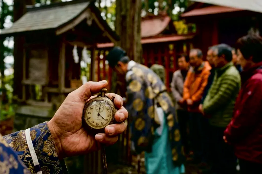 A brass stopwatch with a gold dial is held up as Japan’s Enrei Onodachi Memorial Festival crowd gathers at a shrine setting.