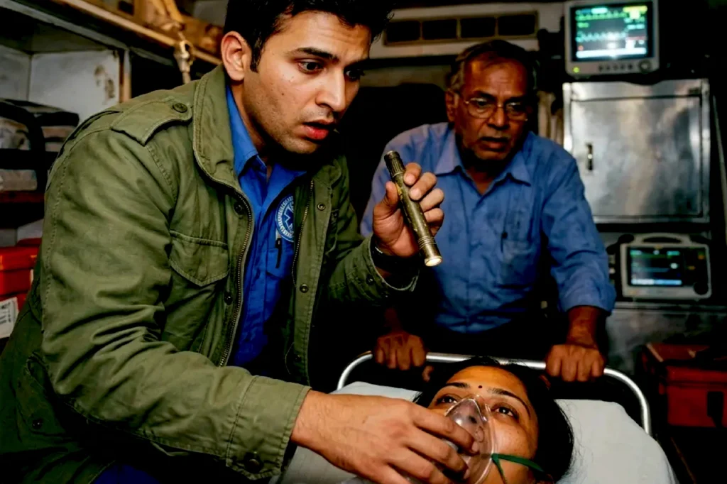 Inside an ambulance, medical staff administer oxygen as a woman lies unresponsive, echoing a brain death diagnosis after a pothole jolt in India.